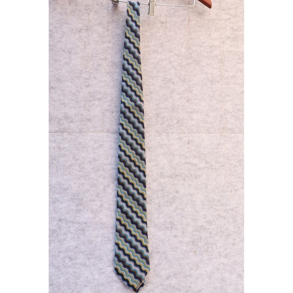 Missoni Mens Silk Necktie Blue Green Tan Zigzag Wavy Geometric Pattern Tie